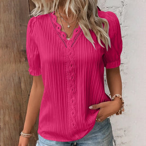 V Neck Plain Lace Elegant Shirt