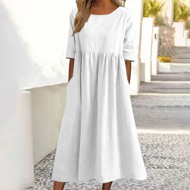 Women's Casual Crew Neck Pocket Smocked Cotton Dress