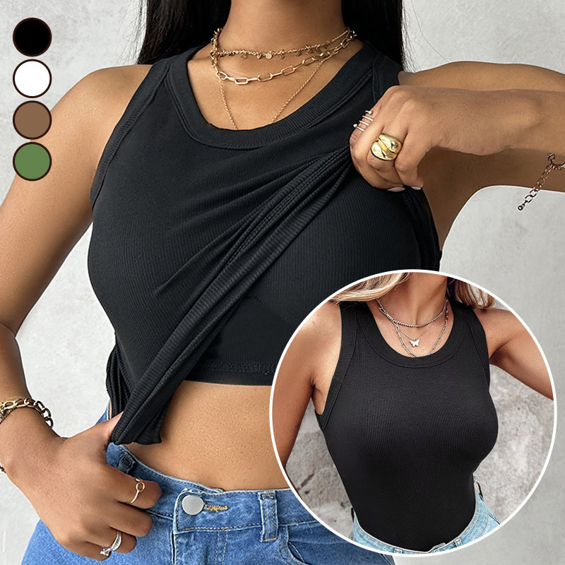 Ribbed Round Neck Tank Top With Bra Pads