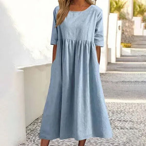 Women's Casual Crew Neck Pocket Smocked Cotton Dress