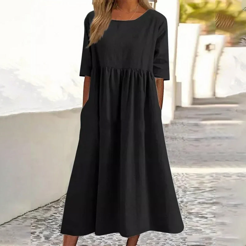 Women's Casual Crew Neck Pocket Smocked Cotton Dress