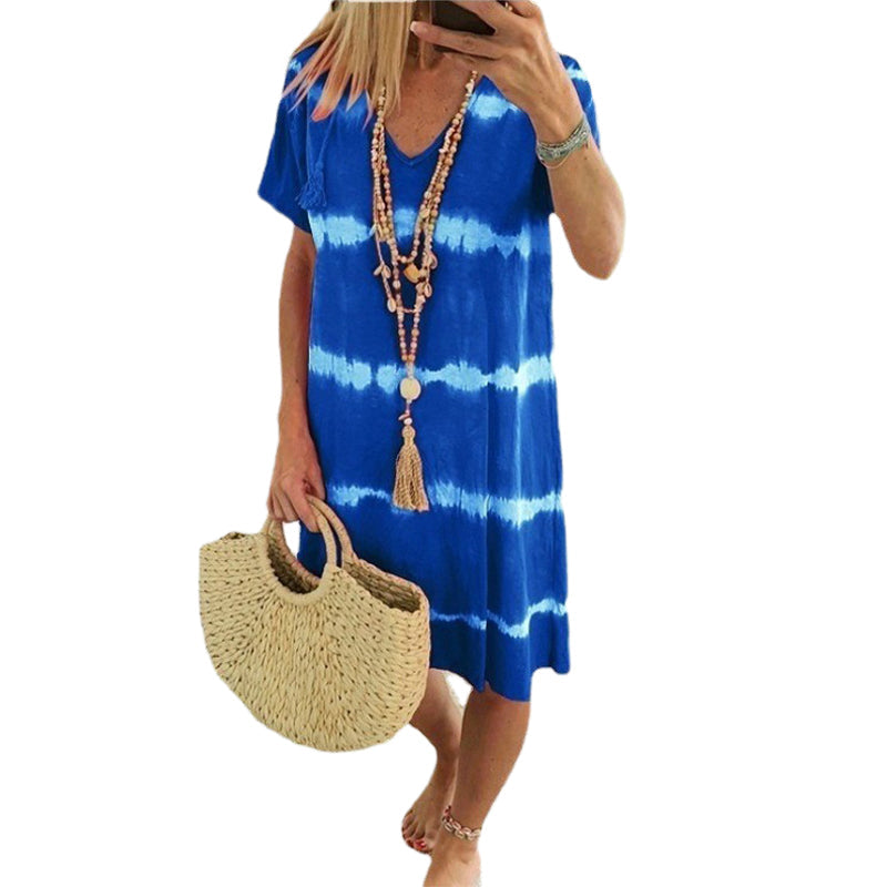 Tie-Dye Striped Short-sleeved Loose T-shirt Dress