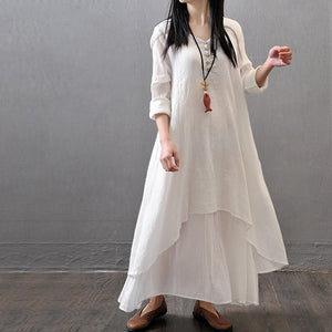 Casual Long Sleeve Fake Two Piece Linen Dress