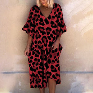V-Neck Loose Dress With Leopard Print