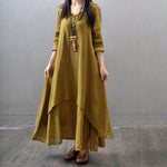 Casual Long Sleeve Fake Two Piece Linen Dress