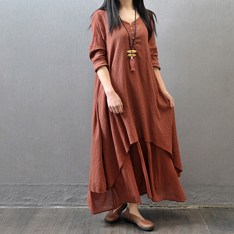 Casual Long Sleeve Fake Two Piece Linen Dress