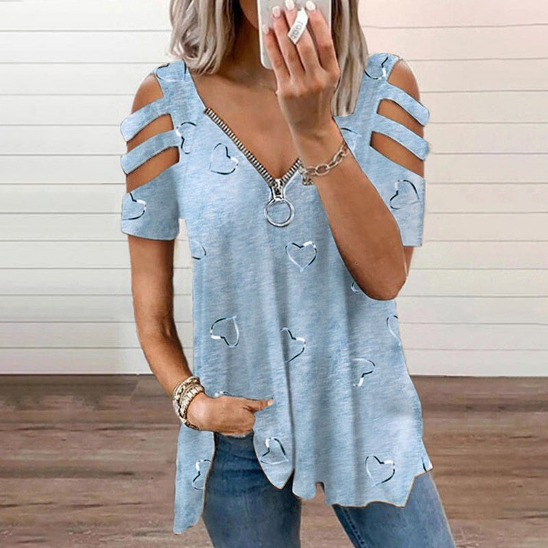 V-Neck Zipper T-Shirt With Heart