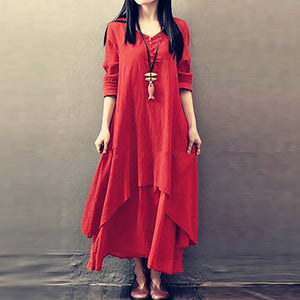 Casual Long Sleeve Fake Two Piece Linen Dress