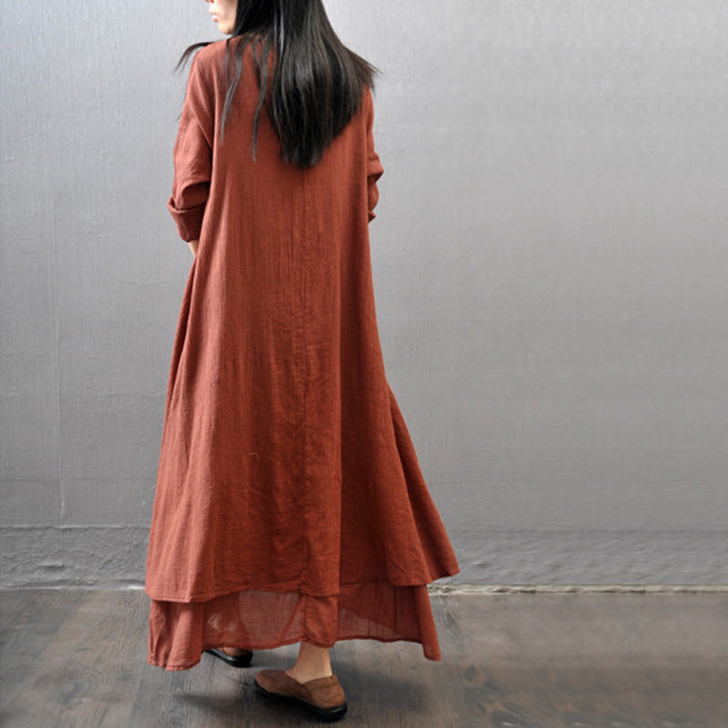 Casual Long Sleeve Fake Two Piece Linen Dress