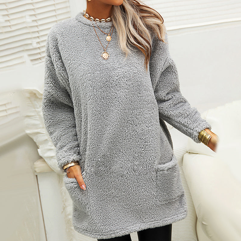 Pocket Crew Neck Casual Warm Long Sleeve T-Shirt Dress