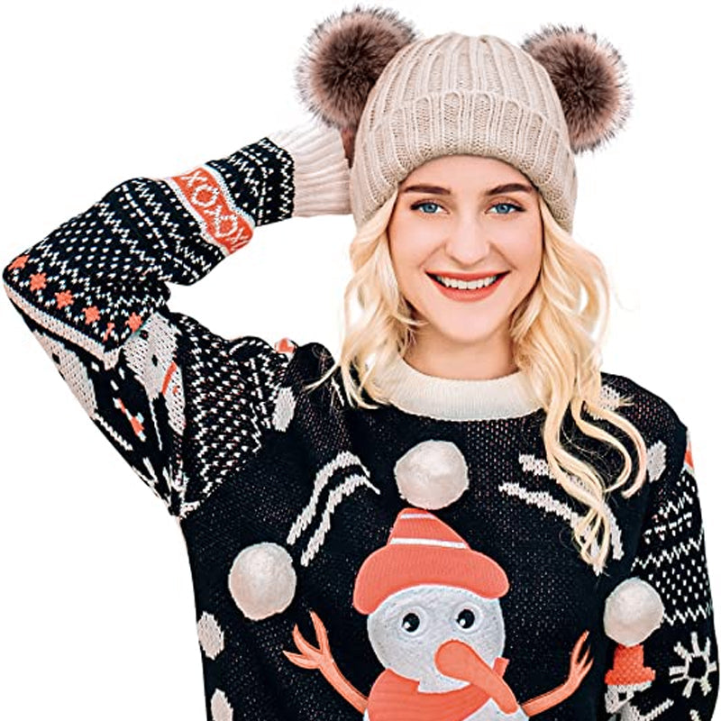 Winter Knitted Hat With Double Pompom Ears