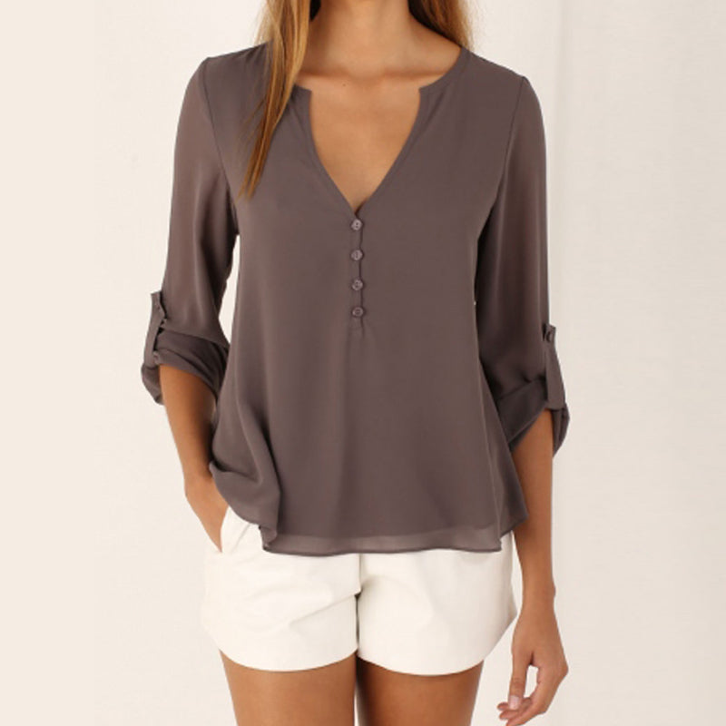 V-Necked Loose Chiffon Shirt