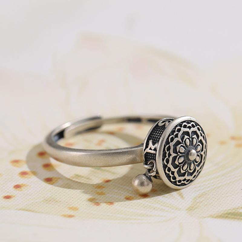 Buddhist Tibetan Prayer Wheel Ring OM Mantra Lotus Floral Ring