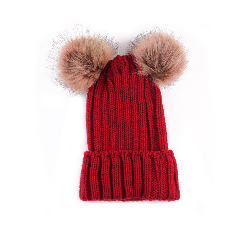 Winter Knitted Hat With Double Pompom Ears