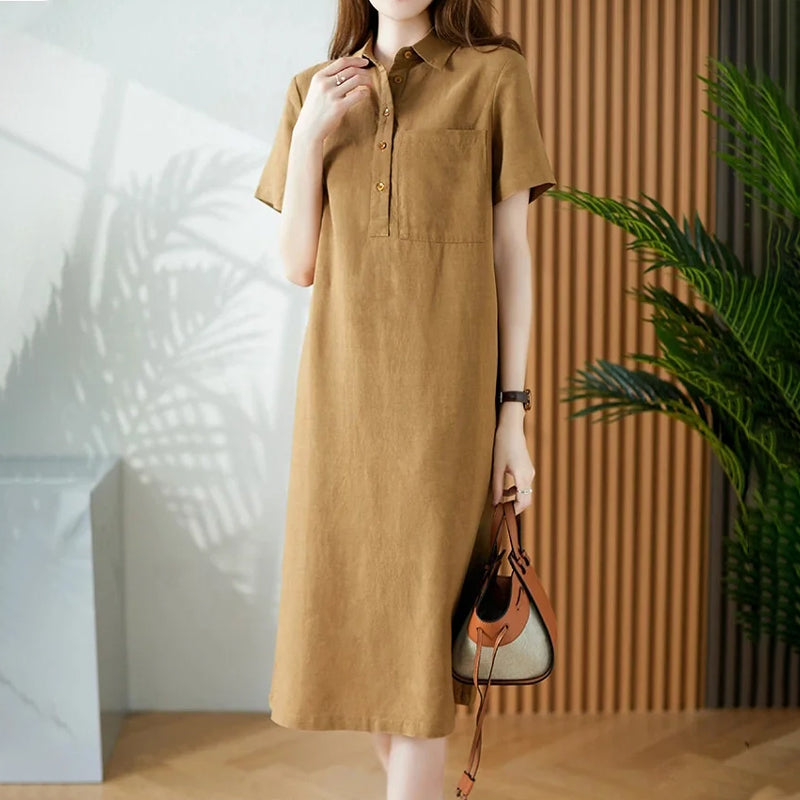 Linen Cotton Short Sleeve Simple Dress