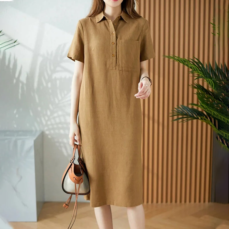 Linen Cotton Short Sleeve Simple Dress