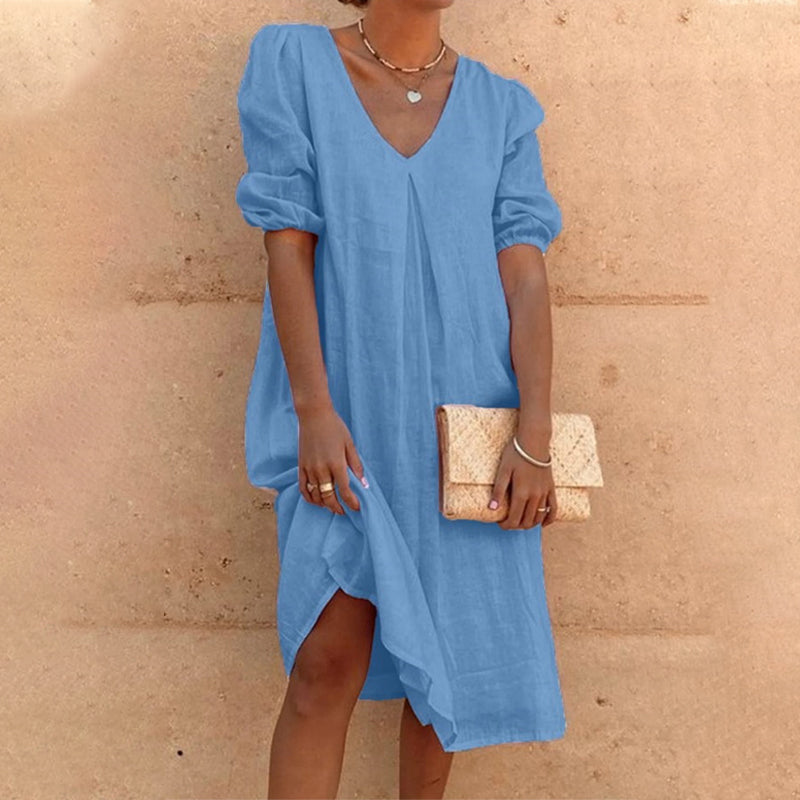 Solid Color V Neck Latern Sleeve Dress