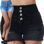 Button Front Ripped Frayed Hem Denim Shorts