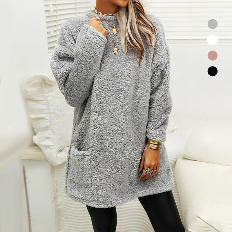 Pocket Crew Neck Casual Warm Long Sleeve T-Shirt Dress