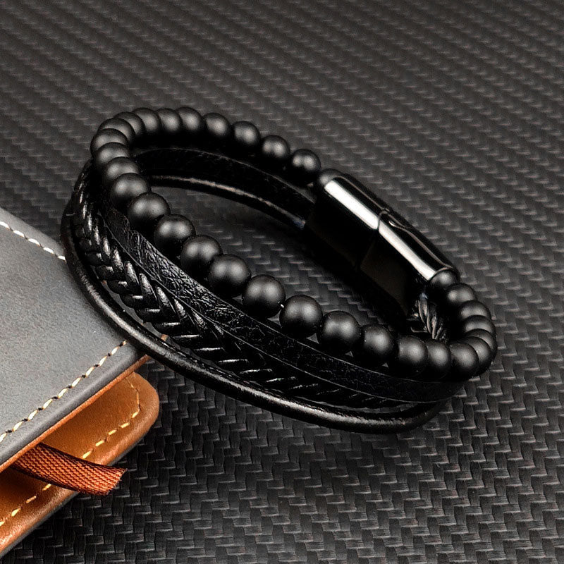 Men's Leather Bracelet with Natural Stone Obsidian Magnetic Buckle ...