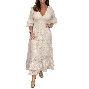 Embroidery Anglaise Frill Sleeve Midi Dress