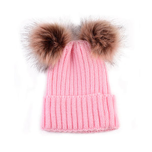 Winter Knitted Hat With Double Pompom Ears