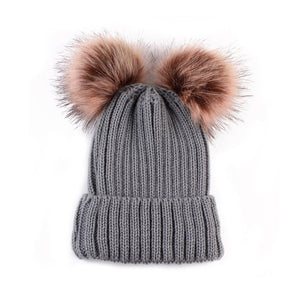 Winter Knitted Hat With Double Pompom Ears