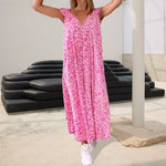 V-neck Printed Long Dress With Short Sleeves