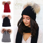 Winter Knitted Hat With Double Pompom Ears