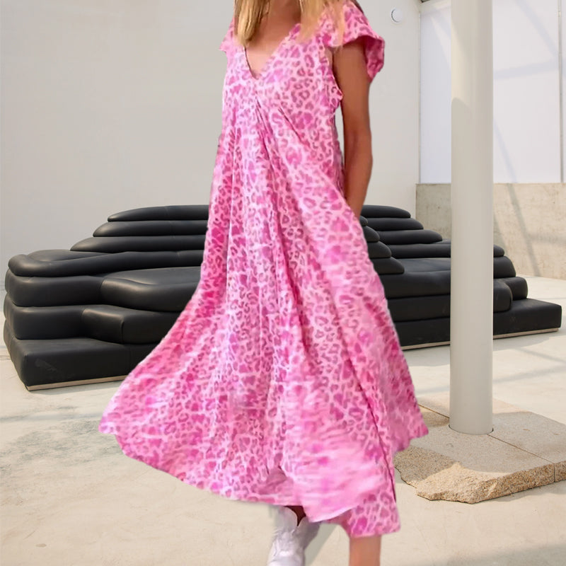 V-neck Printed Long Dress With Short Sleeves