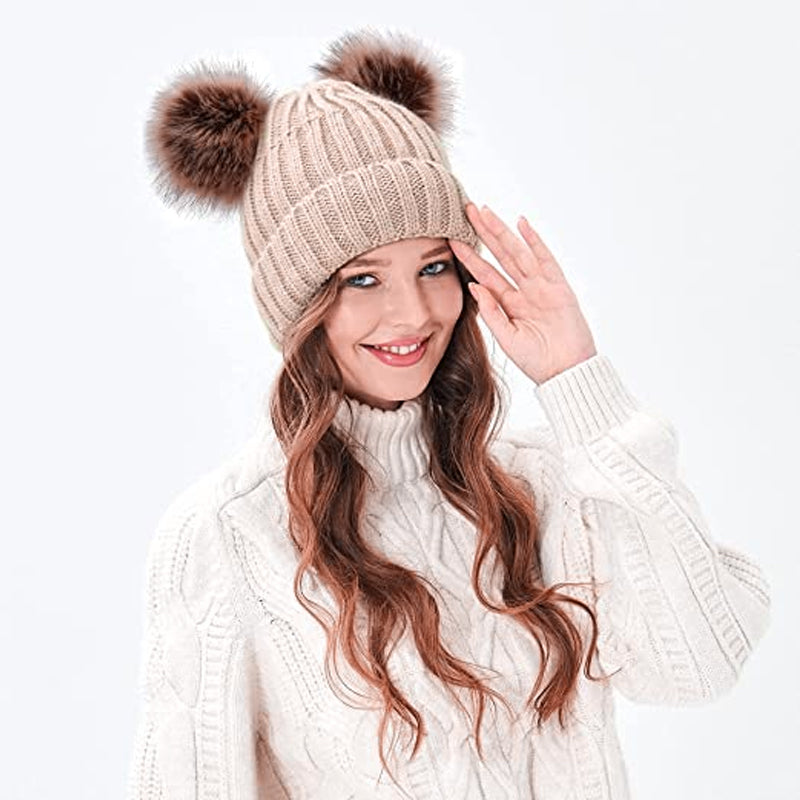 Winter Knitted Hat With Double Pompom Ears