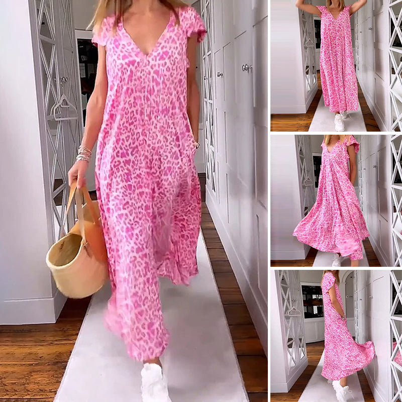 V-neck Printed Long Dress With Short Sleeves