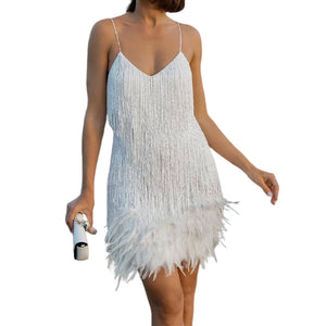 Women's Feather Fringe Sequin Spaghetti Strap Dress