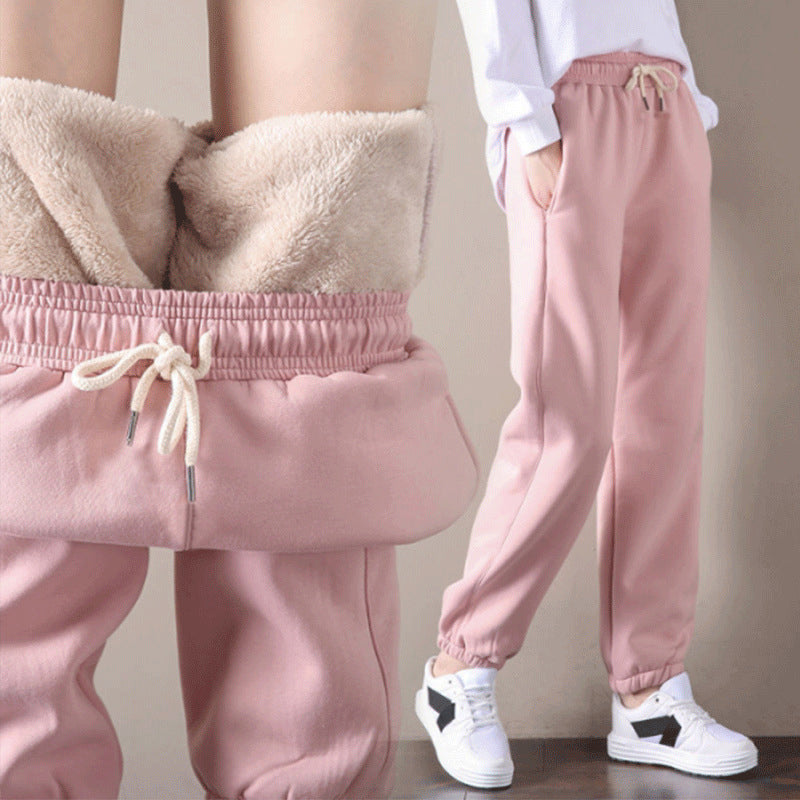 Women Warm Fleece Cotton Round Neck Solid Joggers Sweatpants